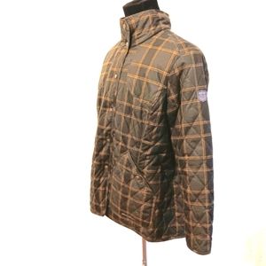 Eddie Bauer quilted button-up, green plaid coat w adjustable snaps. 2X